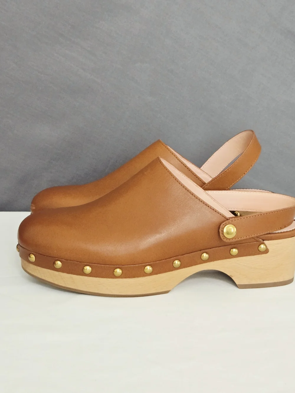 J. Crew Convertible Leather Clogs Tan Brown Studded Wood Platform Mules Size 8.5